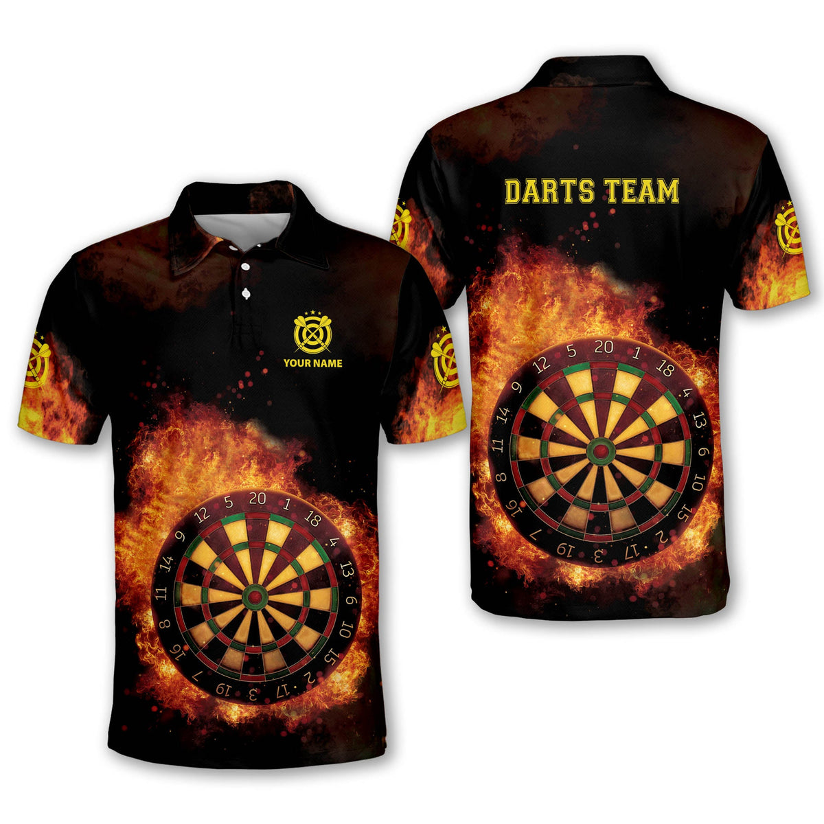 Flame Dartboard League Personalized Darts Button Polo