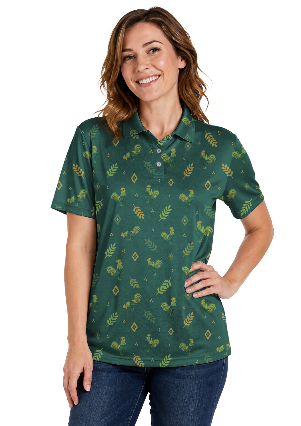 Animal Hidden 04 Rooster Folk Cut Paper Double Take Golf Polo… 01 – female front