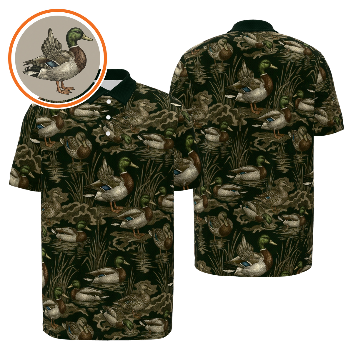 Mallard Marsh Camo Golf Polo Shirt – Front Back product view