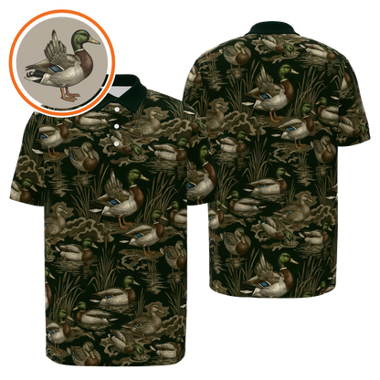 Mallard Marsh Camo Golf Polo Shirt – Front Back product view