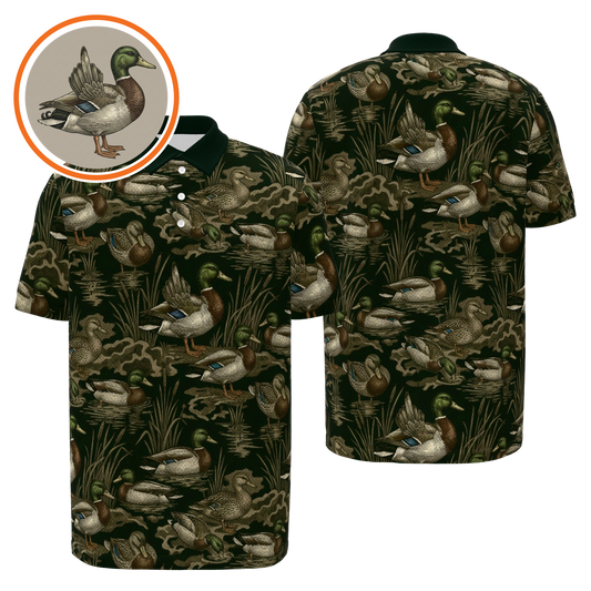 Mallard Marsh Camo Golf Polo Shirt – Front Back product view