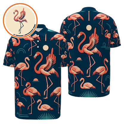 Flamingo After Dark Golf Polo Shirt – Front Back product view