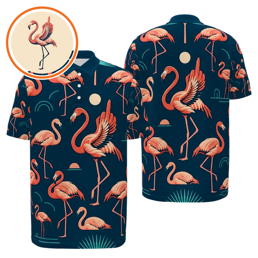 Flamingo After Dark Golf Polo Shirt – Front Back product view