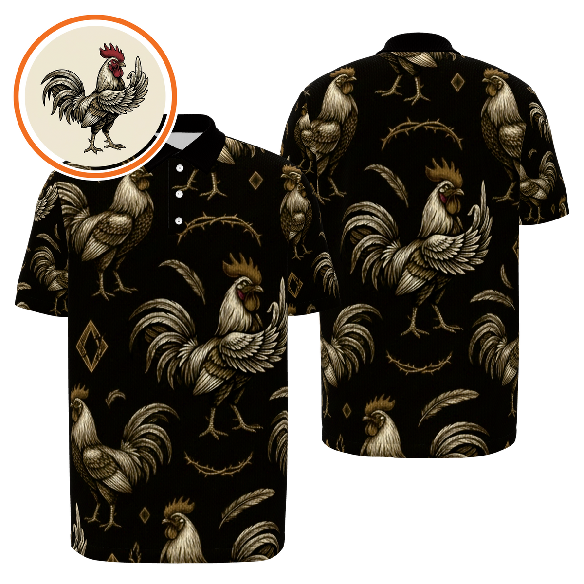 Rooster Thorn Diamond Golf Polo Shirt – Front Back product view