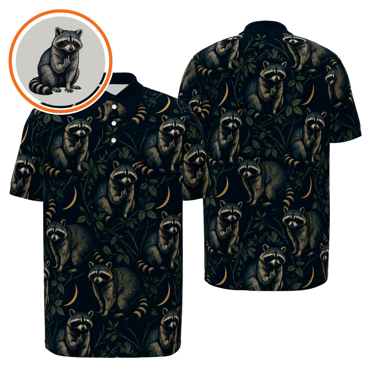 Midnight Raccoon Bramble Golf Polo Shirt – Front Back product view