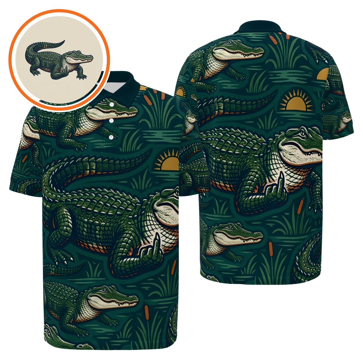 Alligator Swamp Deco Golf Polo Shirt – Front Back product view