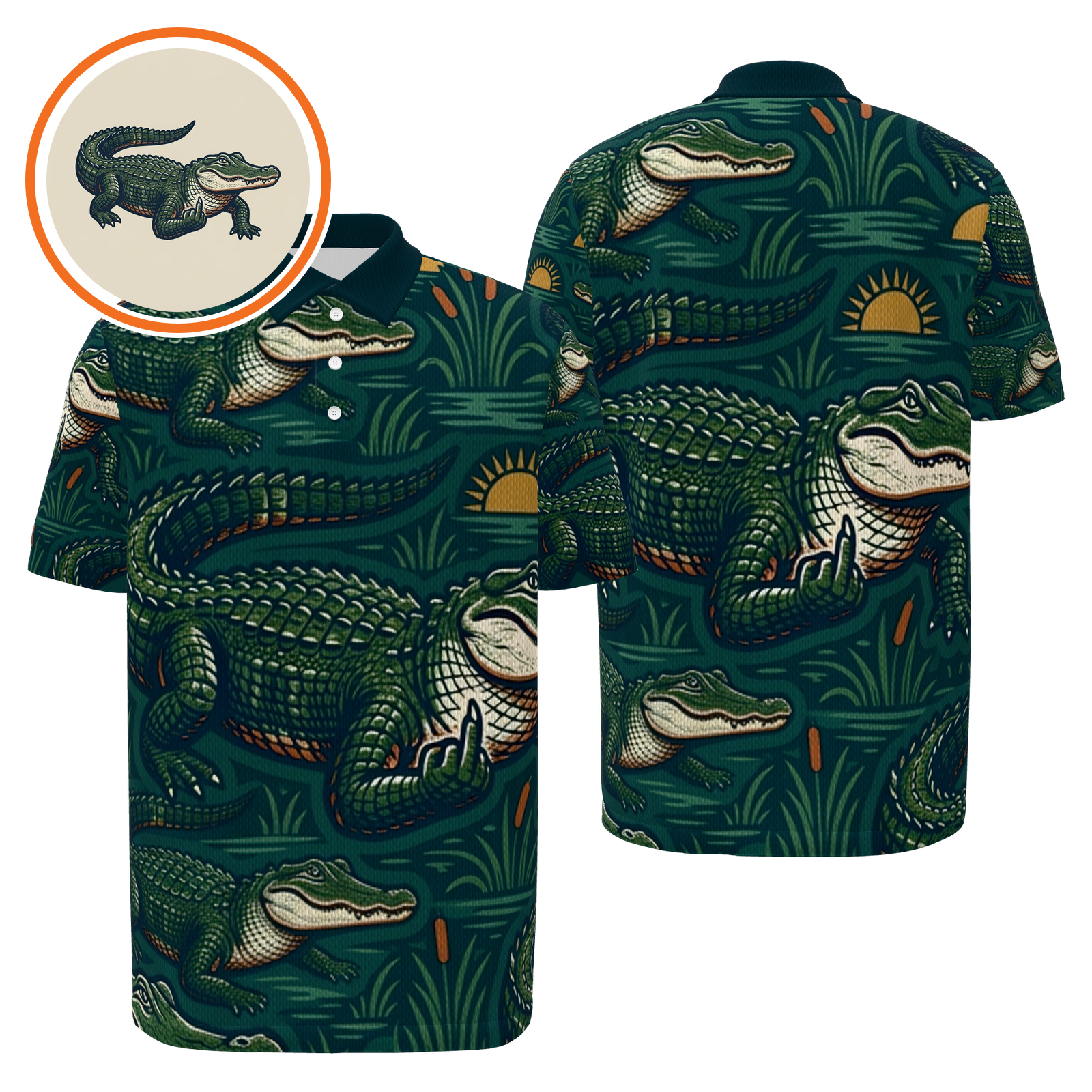 Alligator Swamp Deco Golf Polo Shirt – Front Back product view