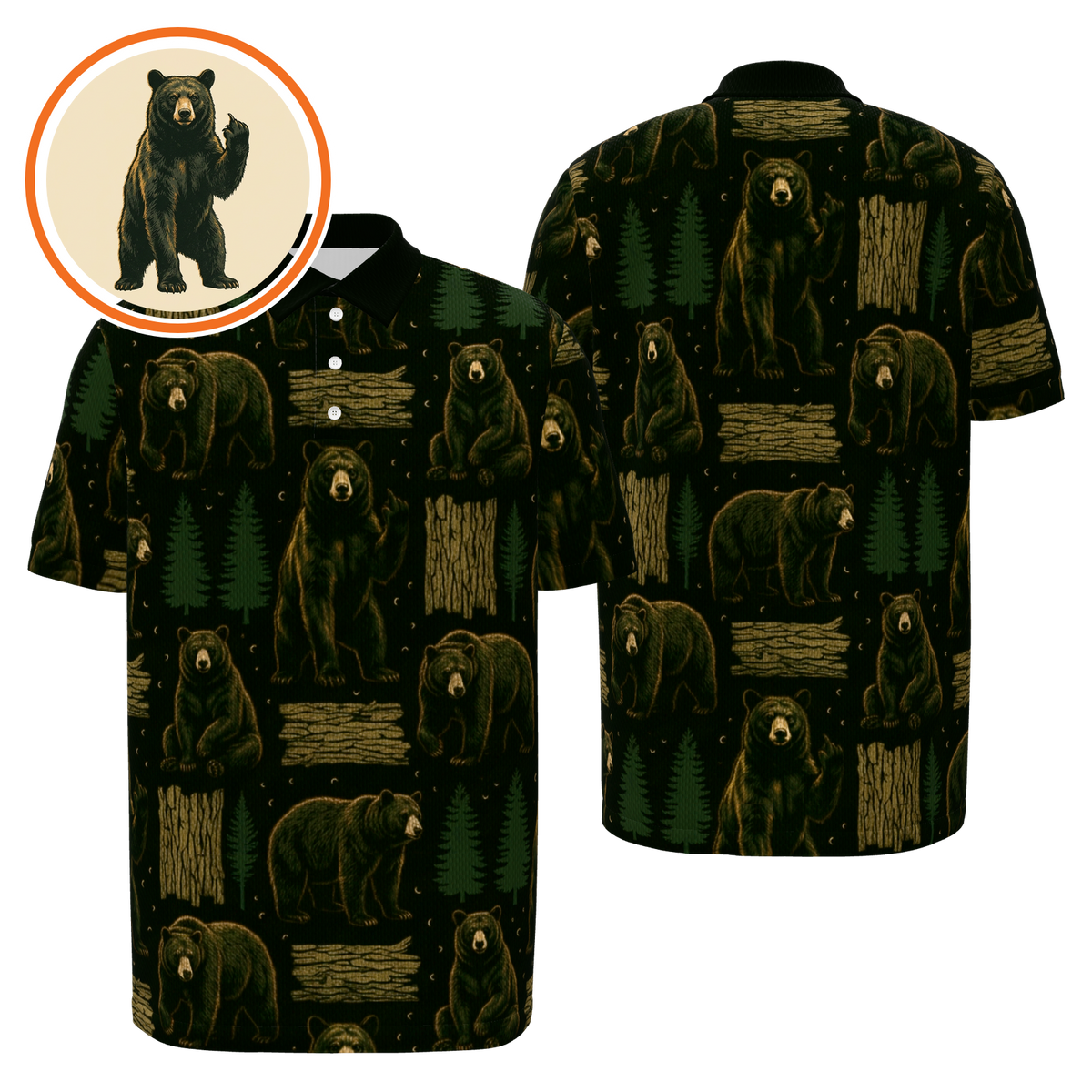 Black Bear Forest Cut Golf Polo Shirt – Front Back product view