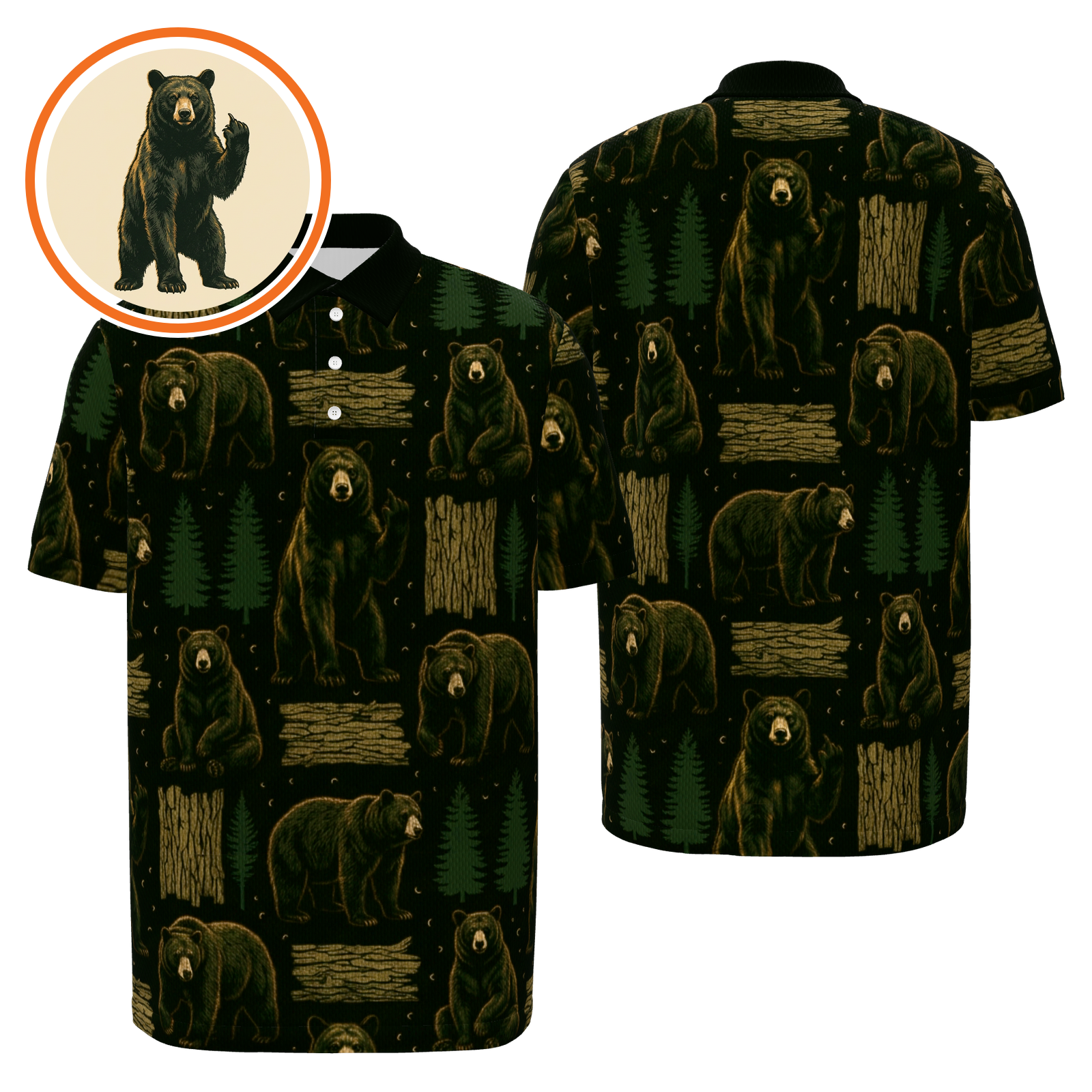 Black Bear Forest Cut Golf Polo Shirt – Front Back product view