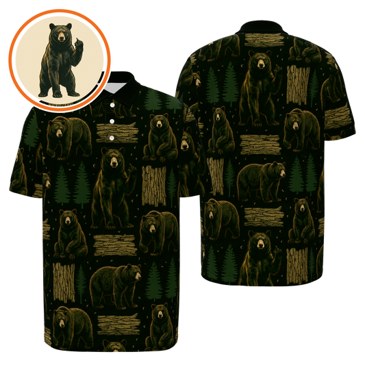Black Bear Forest Cut Golf Polo Shirt – Front Back product view