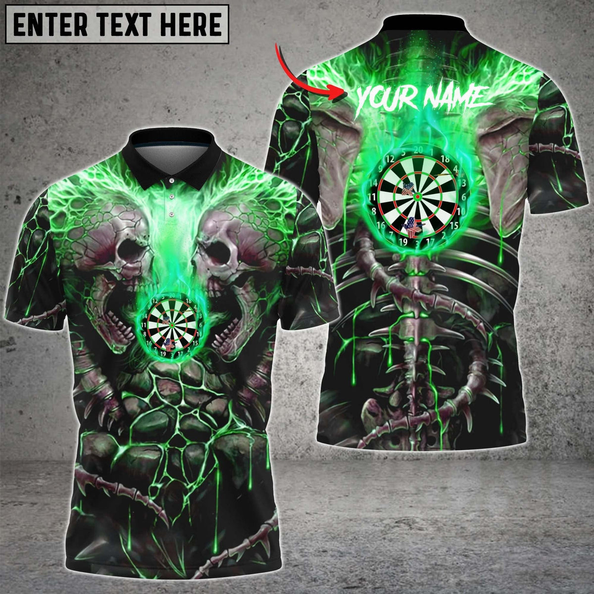 Skull Green Personalized Darts Button Polo