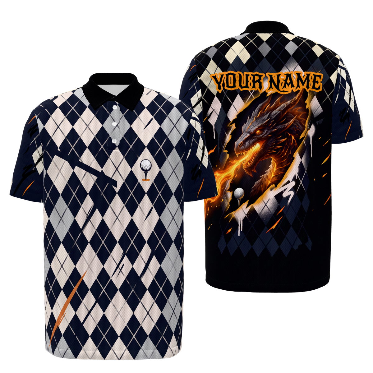 Volcanic Back Nine Golf Polo Shirt – Front Back product view