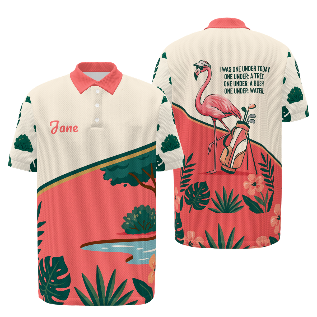 Flamingo Resort Visor Golf Polo Shirt – Front Back product view