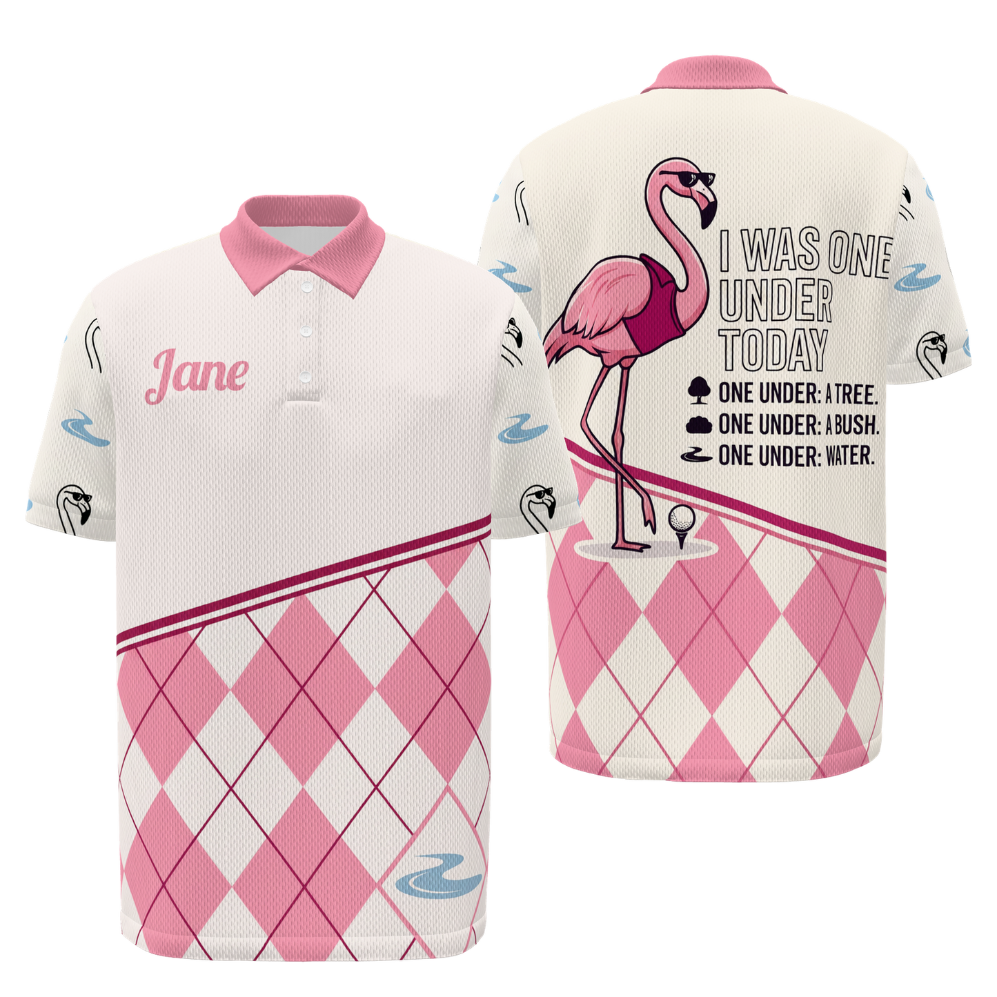 Flamingo Preppy Quote Golf Polo Shirt – Front Back product view