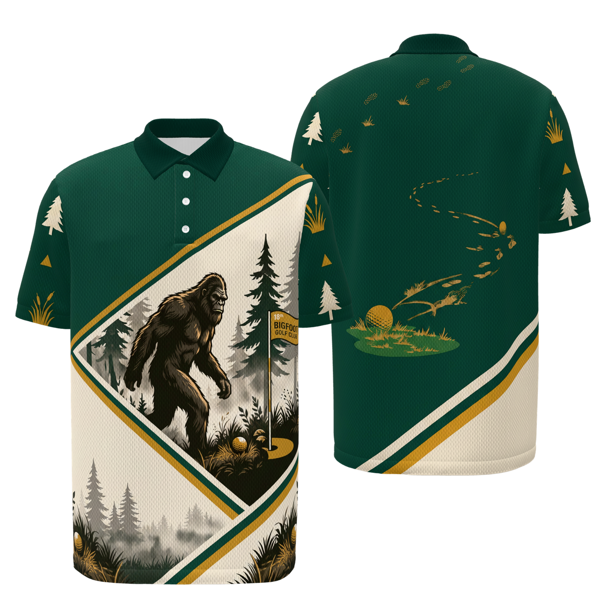 Bigfoot Pine Rail Golf Polo Shirt – Front Back product view