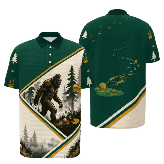 Bigfoot Pine Rail Golf Polo Shirt – Front Back product view