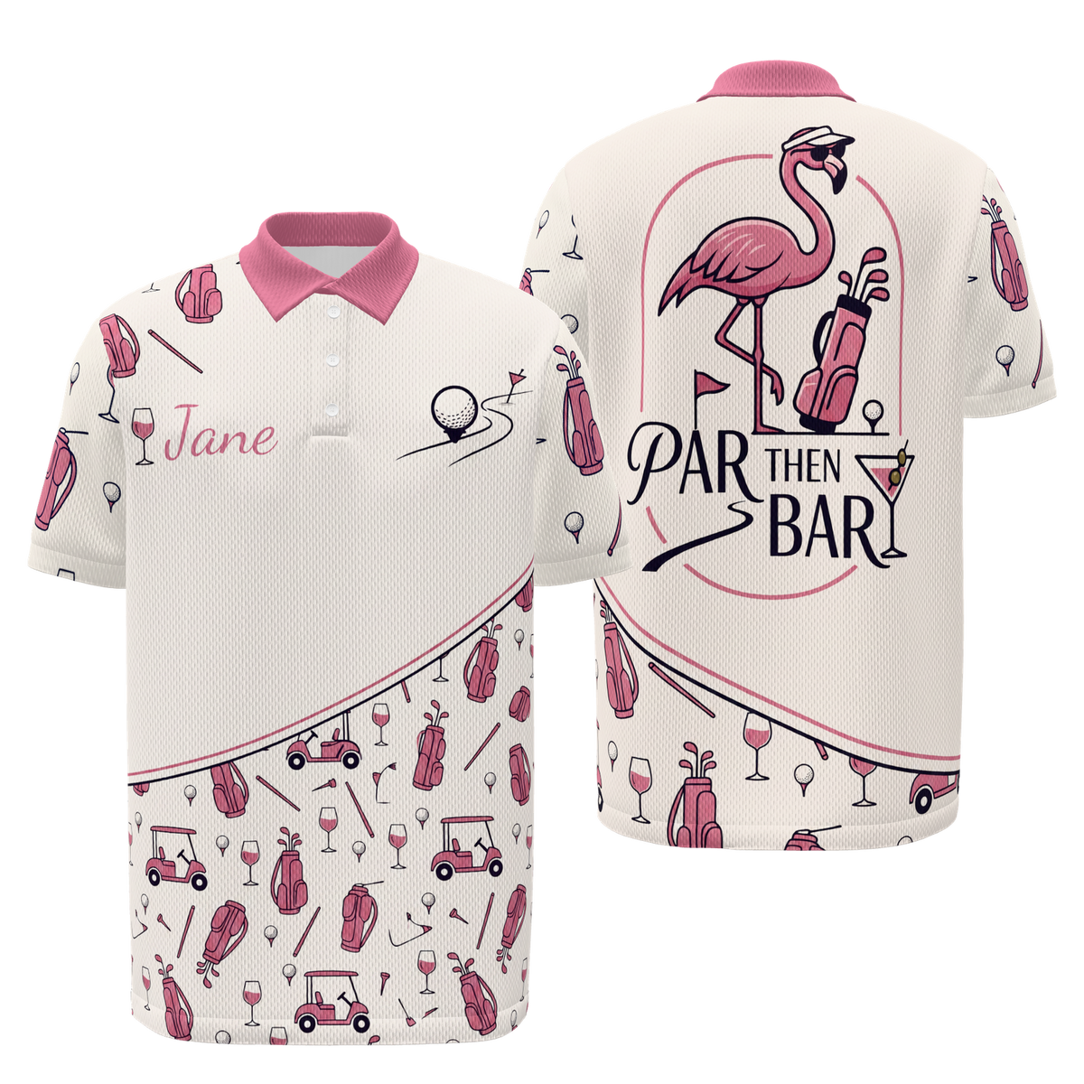 Par Then Bar Flamingo Golf Polo Shirt – Front Back product view