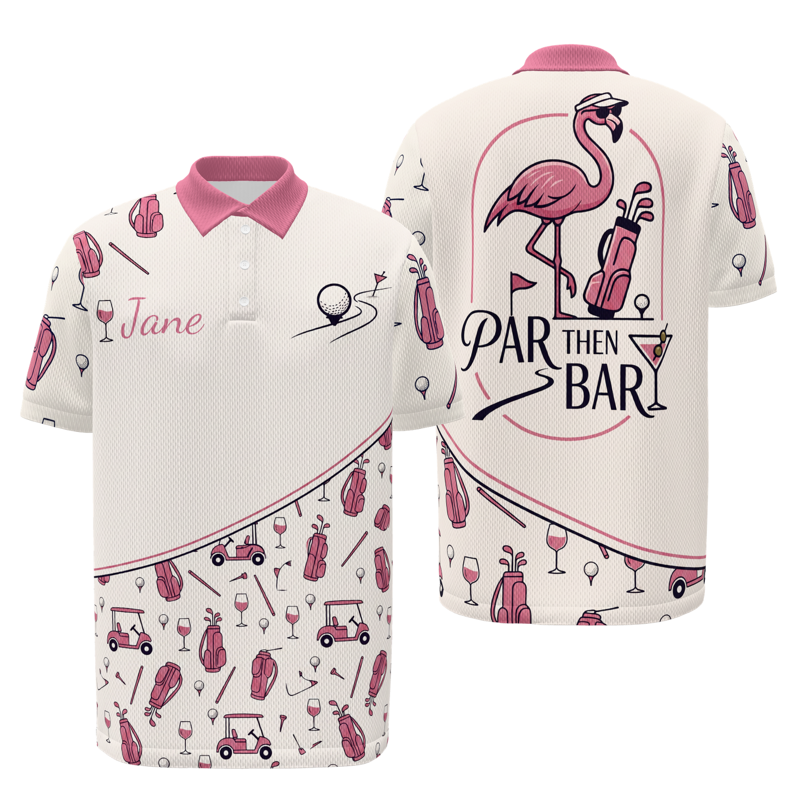 Par Then Bar Flamingo Golf Polo Shirt – Front Back product view
