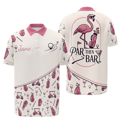 Par Then Bar Flamingo Golf Polo Shirt – Front Back product view