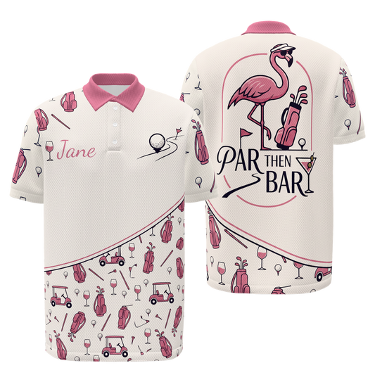 Par Then Bar Flamingo Golf Polo Shirt – Front Back product view