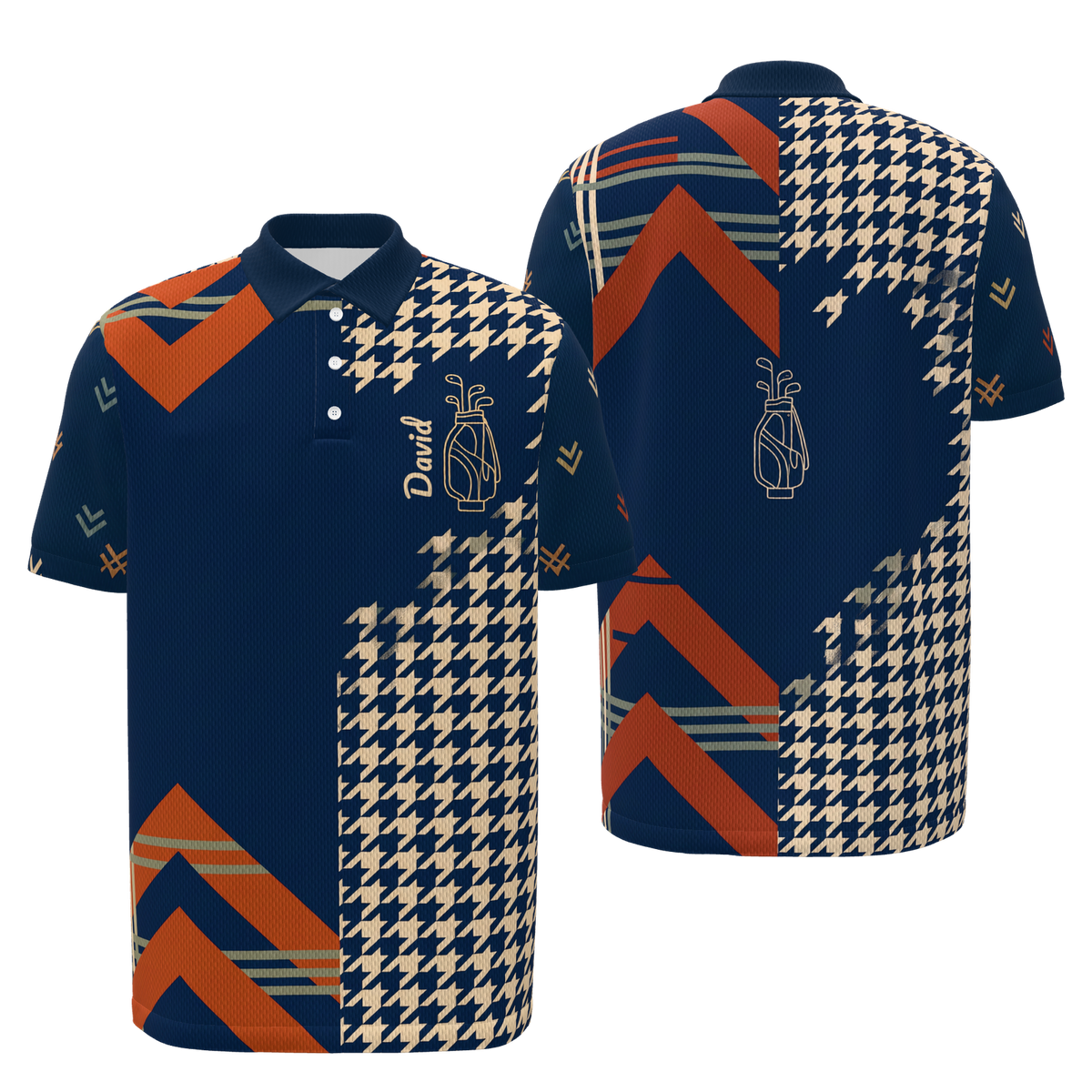 Rust Plaid Club Line Golf Polo Shirt – Front Back product view