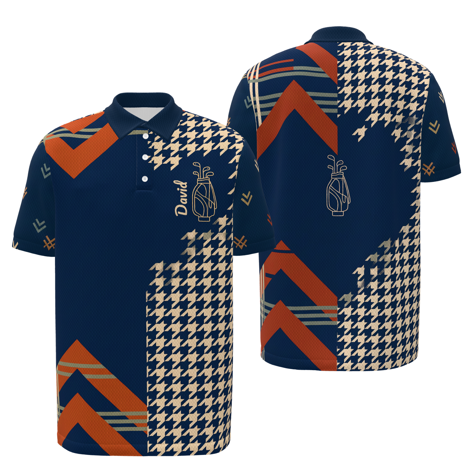 Rust Plaid Club Line Golf Polo Shirt – Front Back product view