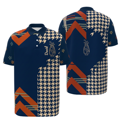 Rust Plaid Club Line Golf Polo Shirt – Front Back product view