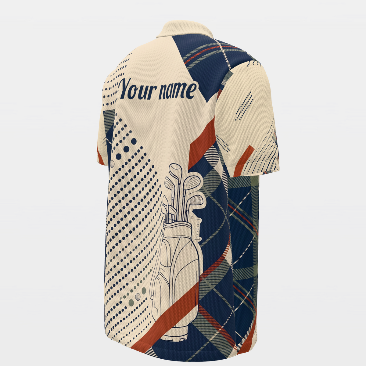Clubhouse Plaid Rail — Poster Cut Golf Polo Shirt – Back Right product view