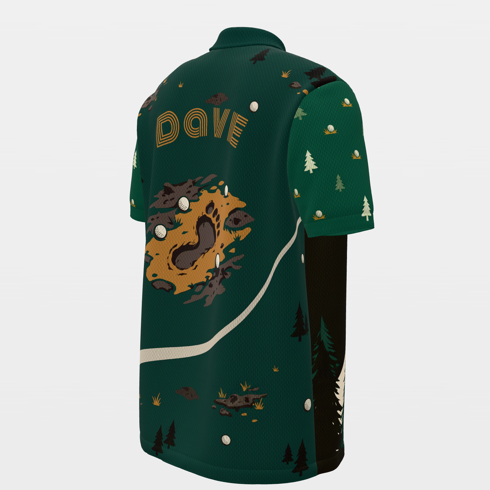 Bigfoot Pine Rail — Tailored Break Golf Polo Shirt – Back Right product view