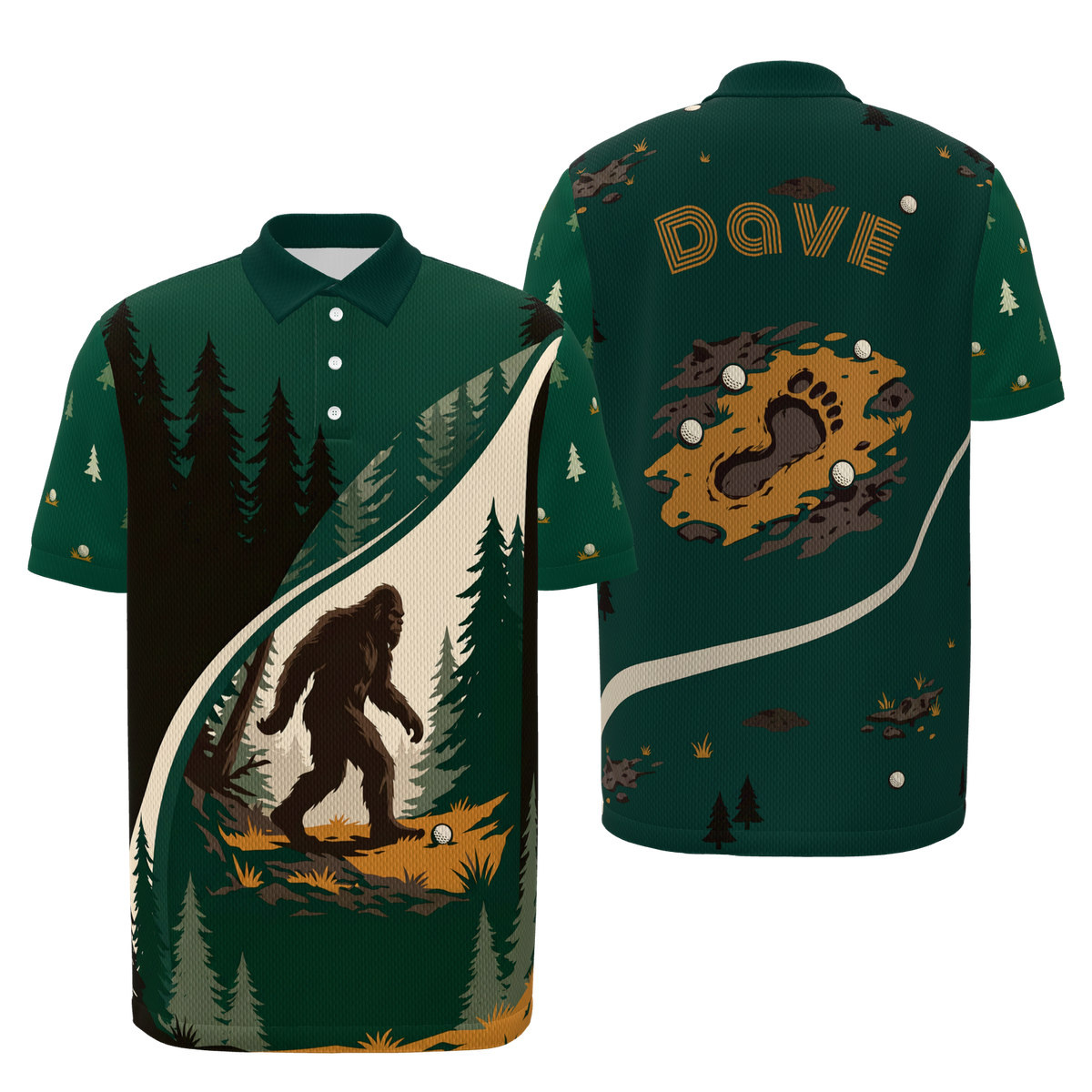 Bigfoot Pine Rail — Tailored Break Golf Polo Shirt – Front Back product view