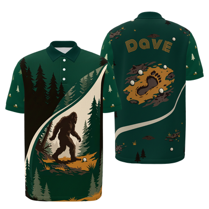 Bigfoot Pine Rail — Tailored Break Golf Polo Shirt – Front Back product view