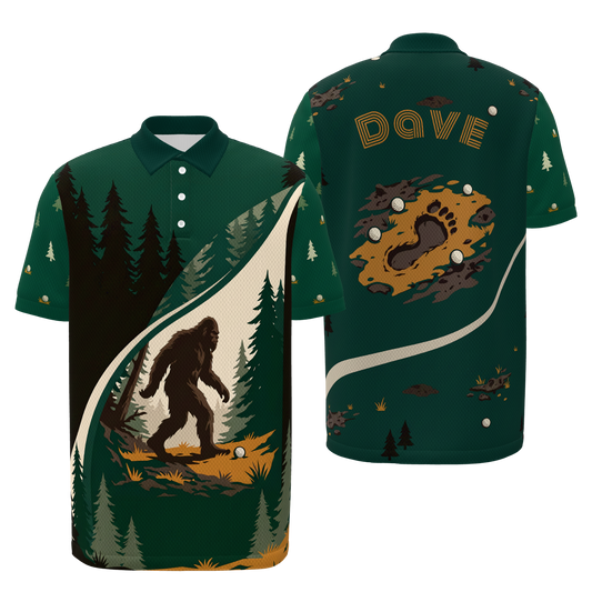 Bigfoot Pine Rail — Tailored Break Golf Polo Shirt – Front Back product view