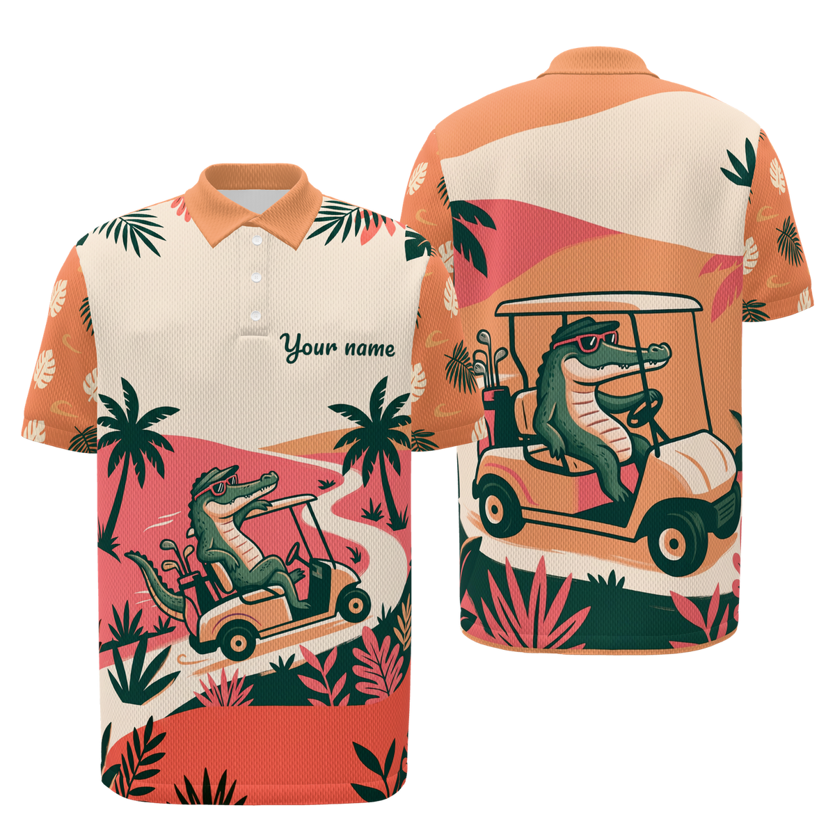 Gator Tropical Cart — Course Echo Golf Polo Shirt – Front Back product view