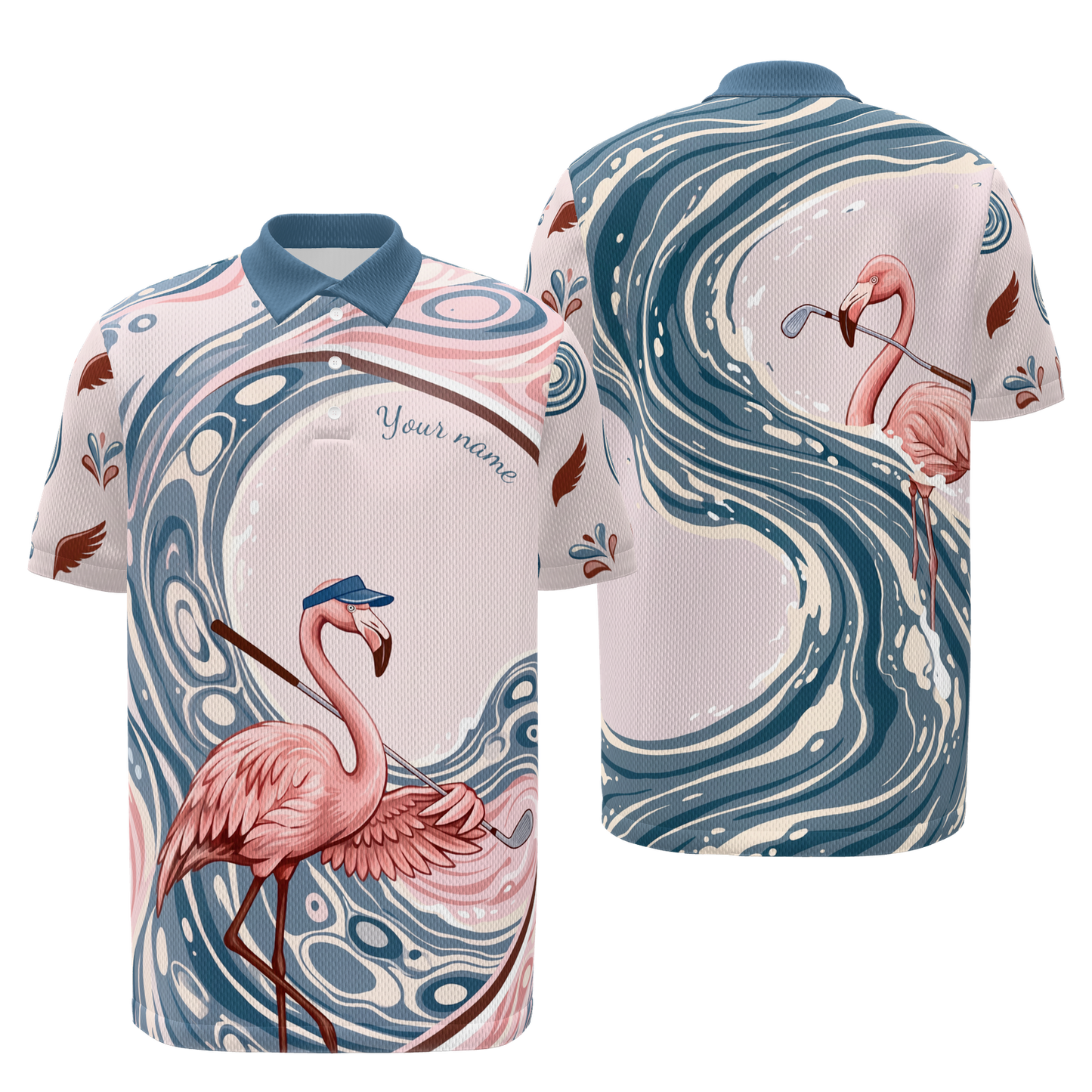 Pink Line Through Water Golf Polo Shirt – Front Back product view