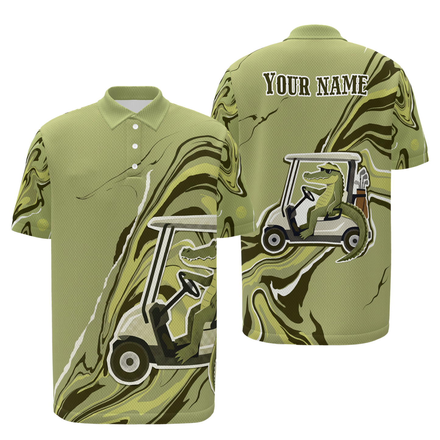 Swamp Cart Current Golf Polo Shirt – Front Back product view