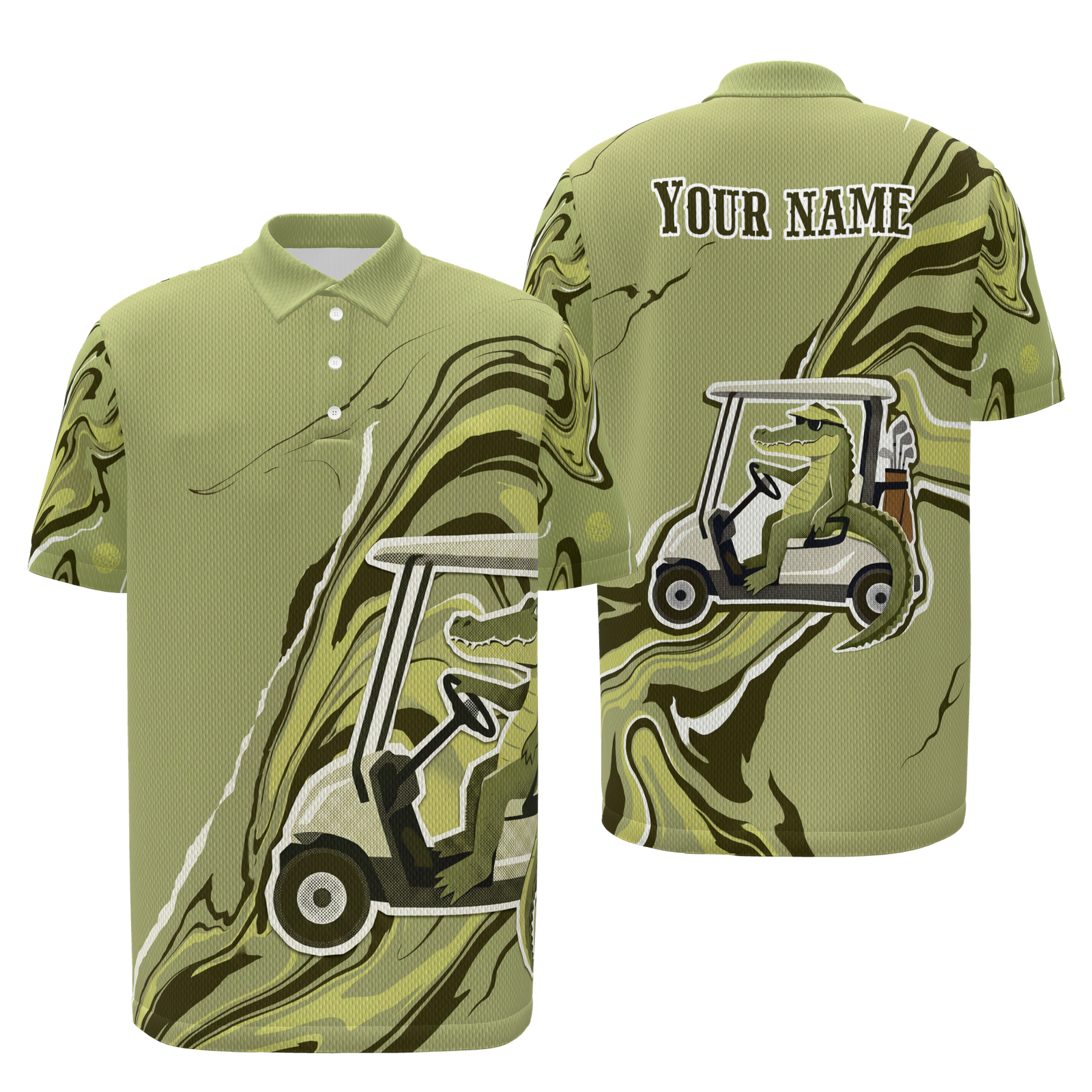 Swamp Cart Current Golf Polo Shirt – Front Back product view