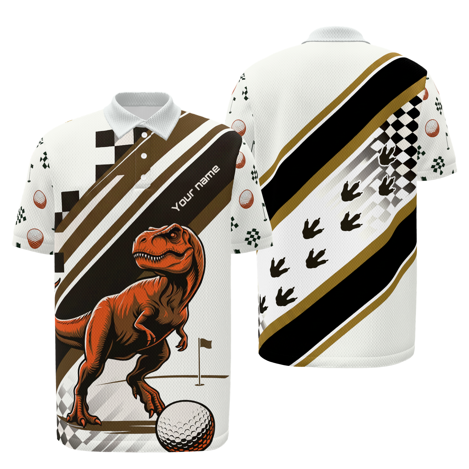 Prehistoric Tee Shot Golf Polo Shirt – Front Back product view