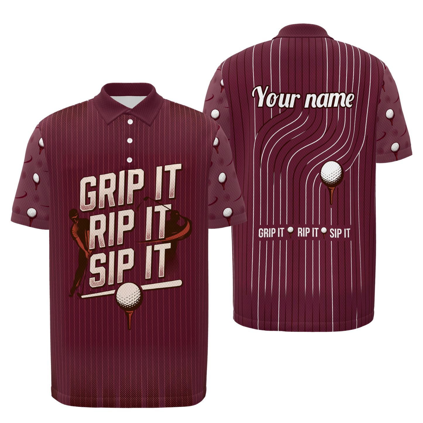 Three-Beat Shot Route Golf Polo Shirt – Front Back product view