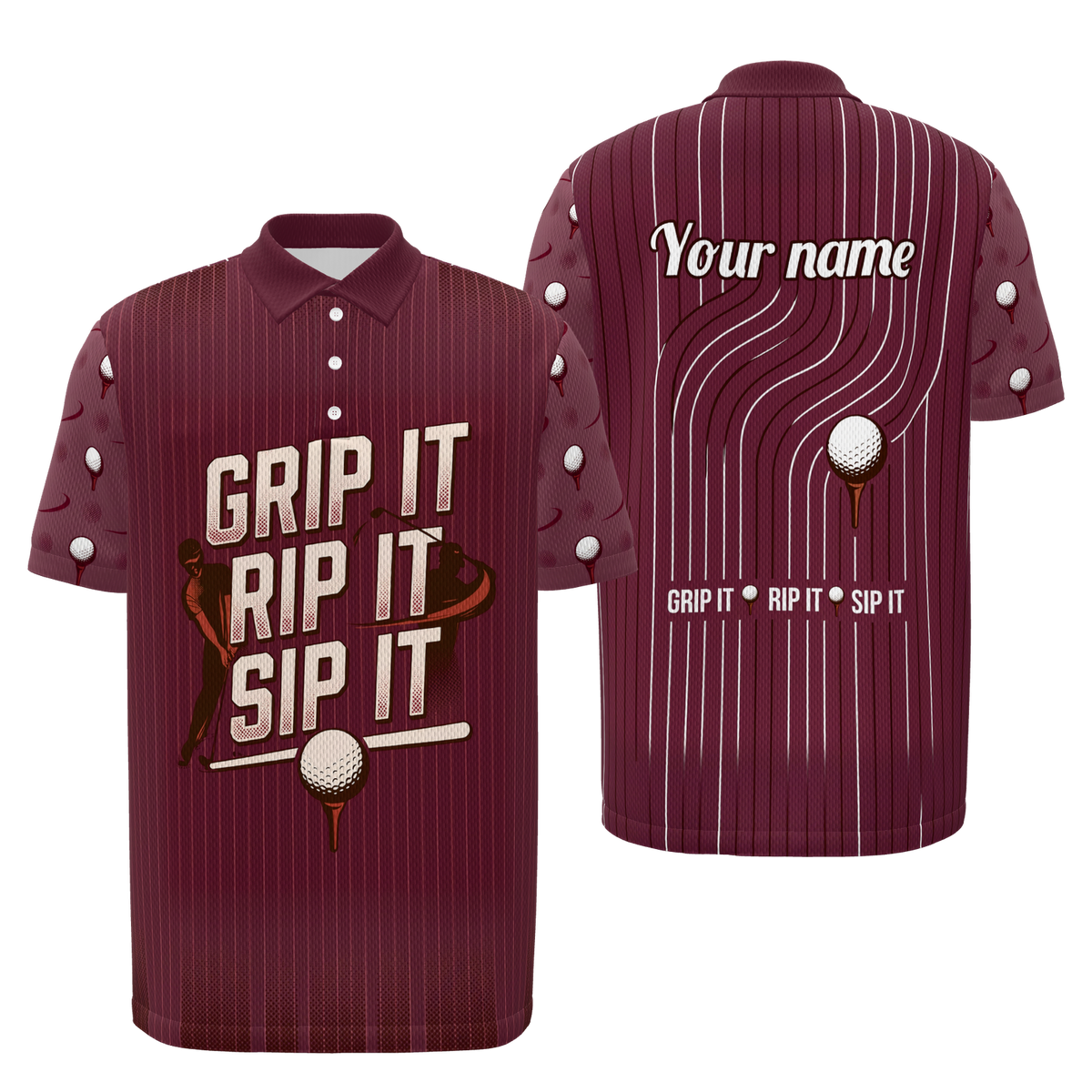 Three-Beat Shot Route Golf Polo Shirt – Front Back product view