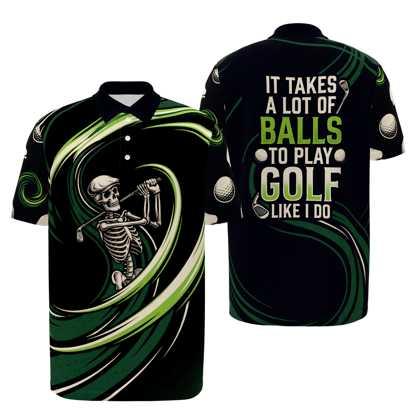 Skeleton Lost Ball Run Golf Polo Shirt – Front Back product view