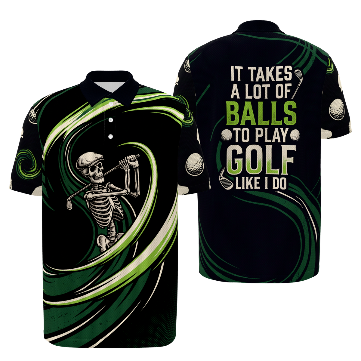 Skeleton Lost Ball Run Golf Polo Shirt – Front Back product view