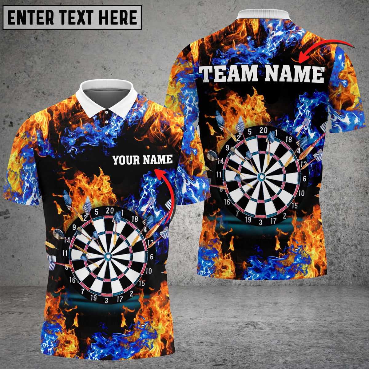 Red and Blue Flame Personalized Darts Button Polo