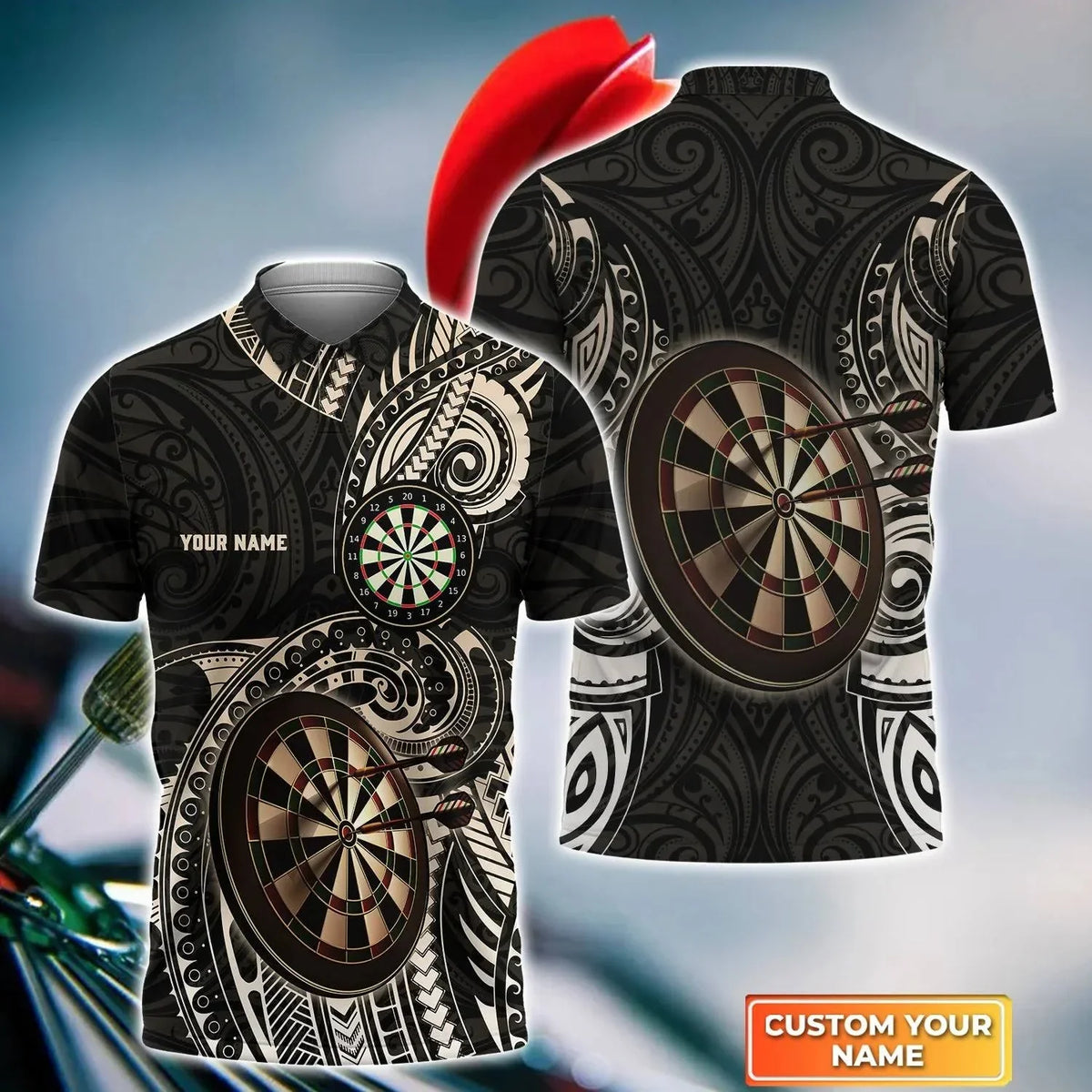 Brown Tattoo for Team Player Personalized Darts Button Polo